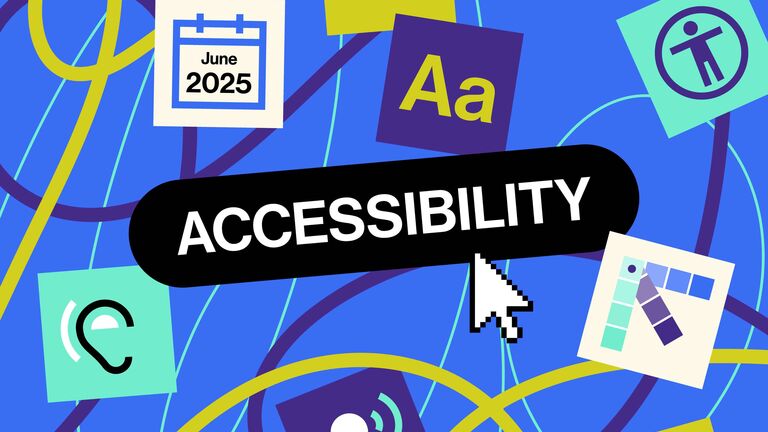 Illustration showing the word “accessibility” in bold white letters surrounded by icons for hearing, speech, vision, language (Aa), a calendar marked “June 2025”, and other design elements on a blue background.