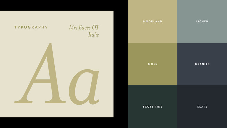 Colour palette inspired by the surrounding landscape, featuring natural tones of moss, moorland, lichen, granite, Scots pine and slate.